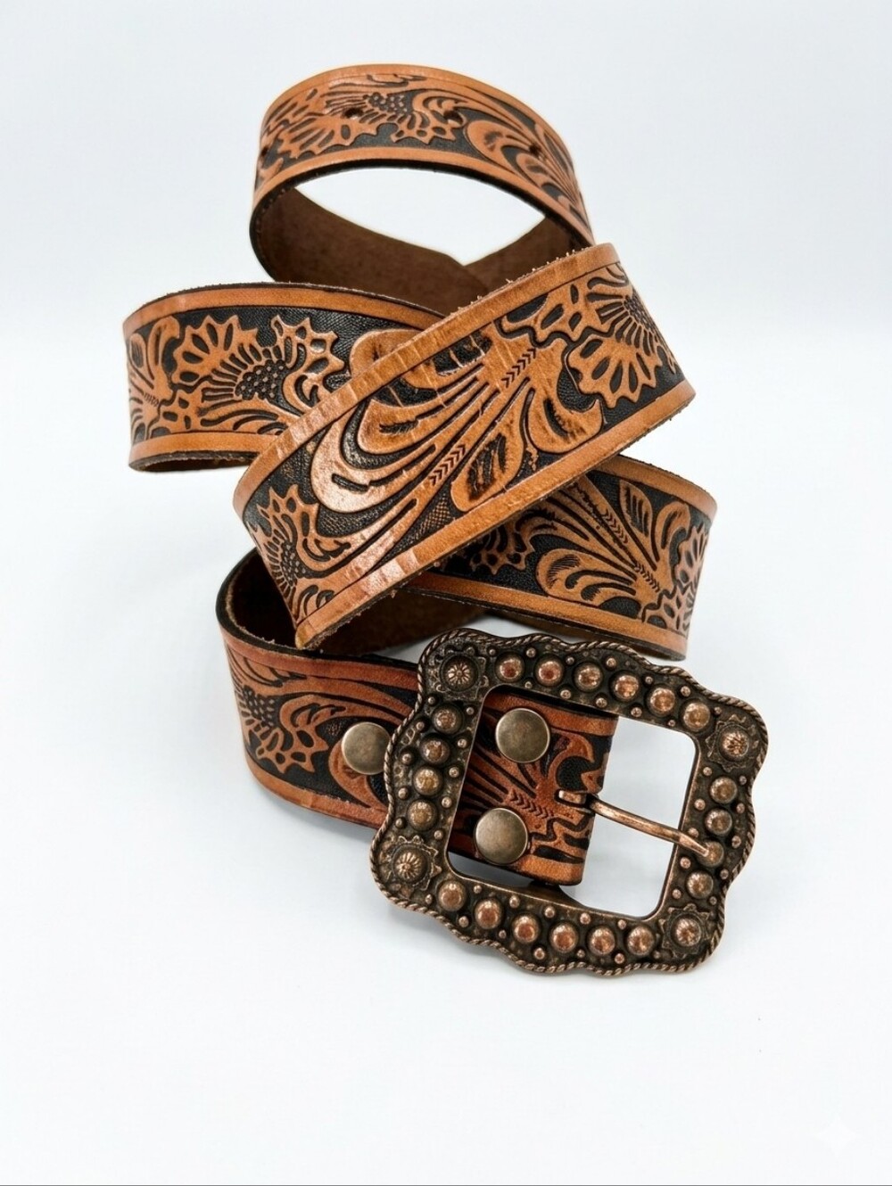 Genuine embossed leather boho Western Belt. buckle. Medium Large